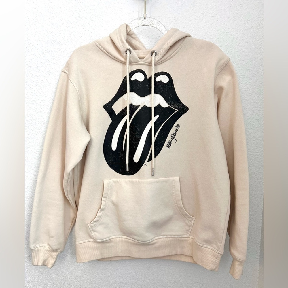 H&M ROLLING STONES Cream and black logo hoodie w/kangaroo pockets Embroidered S - Picture 6 of 13